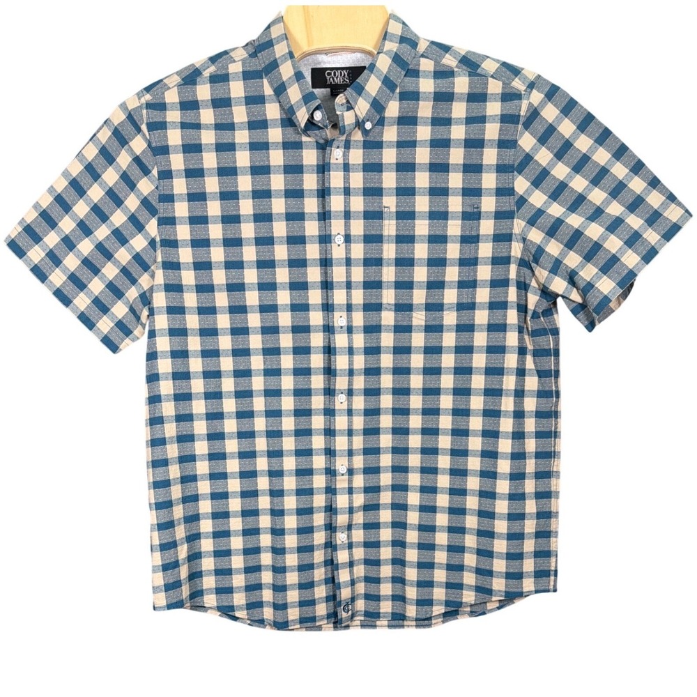 Cody James Core Mens Large Blue Tan Gingham Dobby Short Sleeve Button Down Shirt